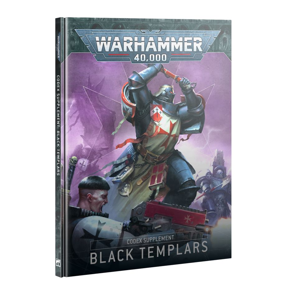 Warhammer 40,000 - Black Templars - Codex Supplement - Warhammer 40,000 Black Templars codex supplement with detailed armored warrior artwork on purple background.