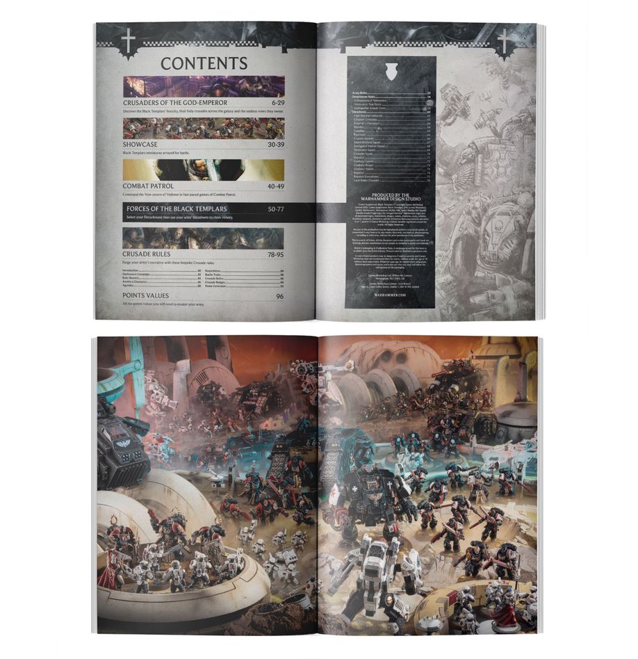 Warhammer 40,000 - Black Templars - Codex Supplement - Open Warhammer 40,000 Black Templars Codex Supplement showing contents page and detailed colorful battle scene with.
