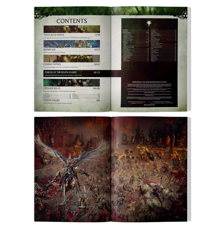 Warhammer 40,000 - Death Guard - Codex - Open Warhammer 40,000 Death Guard Codex showing detailed contents page and dark, gritty battlefield artwork with chaos.