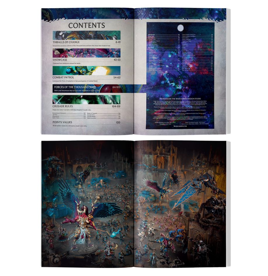 Warhammer 40,000 - Thousand Sons - Codex - Open Warhammer 40,000 Thousand Sons Codex showing detailed colorful sci-fi artwork and contents page with cosmic blue and.