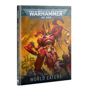 Warhammer 40,000 - World Eaters - Codex - Warhammer 40,000 Codex book featuring red-armored warrior with axe in battle scene on cover.
