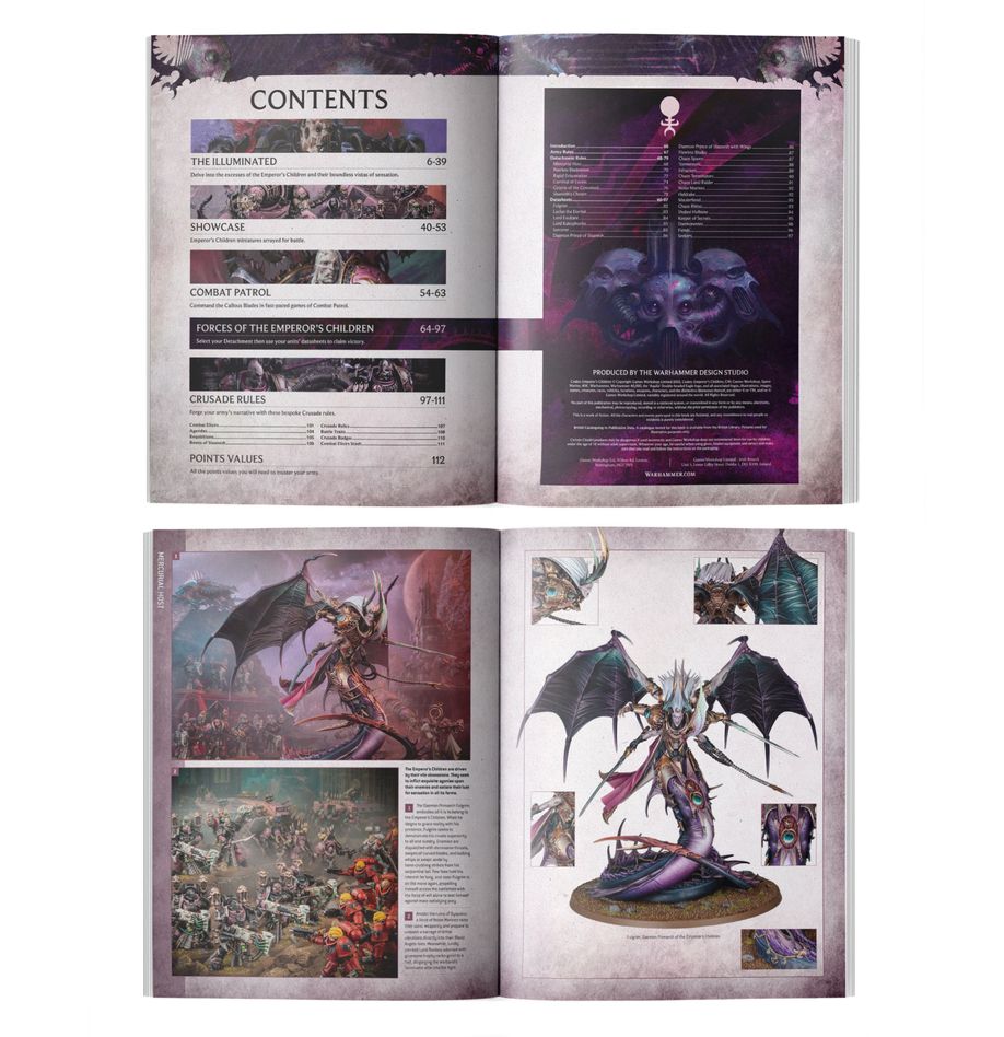 Warhammer 40,000 - Emperor's Children - Codex - Open Warhammer 40,000 Emperor's Children Codex showing contents list and full-color pages with detailed fantasy character.