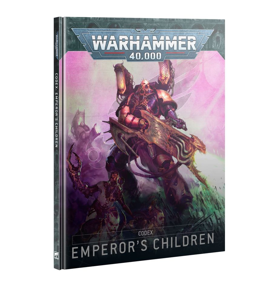 Warhammer 40,000 - Emperor's Children - Codex - Warhammer 40,000 Codex book with dark purple and pink cover art featuring armored futuristic warrior holding a large weapon.