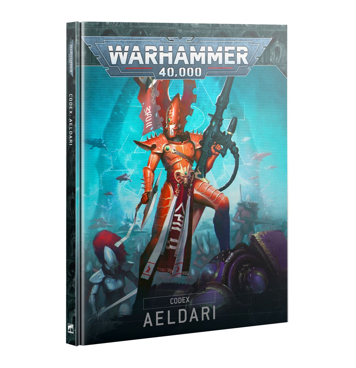 Warhammer 40,000 - Aeldari - Codex - Hardcover Warhammer 40,000 Codex featuring orange-armored Aeldari warrior with futuristic weapons on blue sci-fi background.