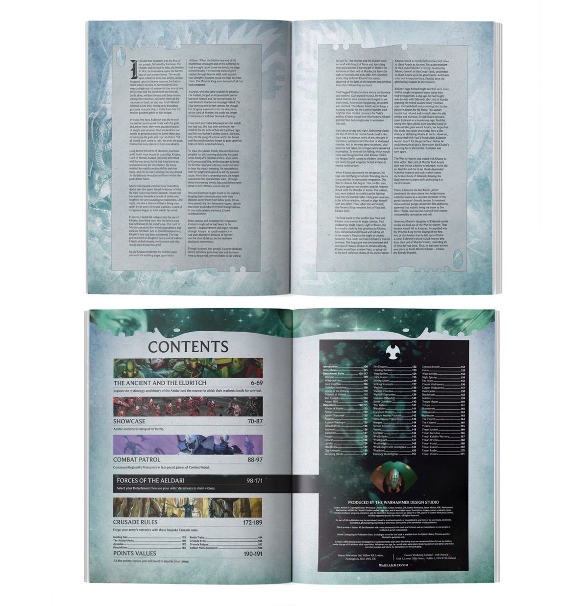Warhammer 40,000 - Aeldari - Codex - Open Warhammer 40,000 Aeldari Codex book showing text-heavy pages and a colorful contents page with sections and an image of
