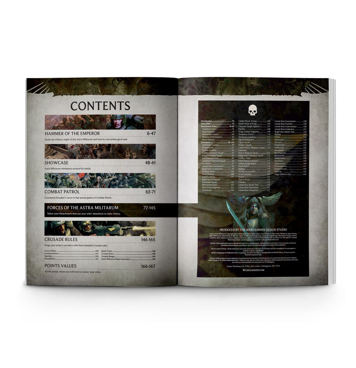 Warhammer 40,000 - Astra Militarum - Codex - Open Warhammer 40,000 Astra Militarum Codex showing contents page with text and dark sci-fi themed illustrations.
