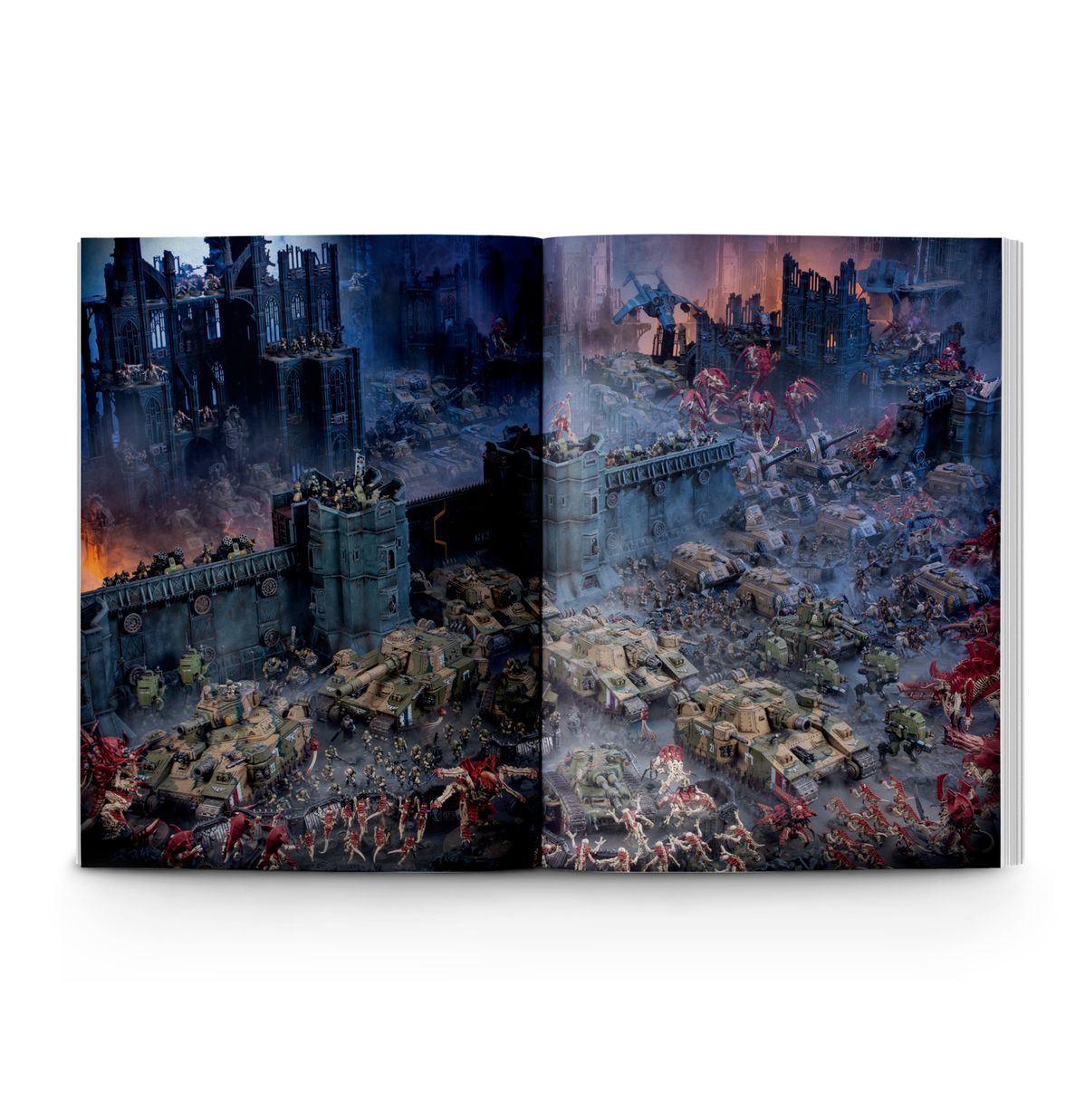 Warhammer 40,000 - Astra Militarum - Codex - Open Warhammer 40,000 Codex displaying detailed battlefield illustration with soldiers and ruined fortress walls in dark,.
