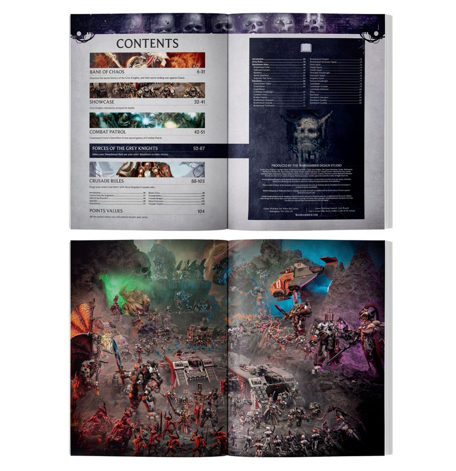 Warhammer 40,000 - Grey Knights - Codex - Open Warhammer 40,000 Grey Knights Codex showing colorful, detailed tabletop battle scene art and black text content pages.