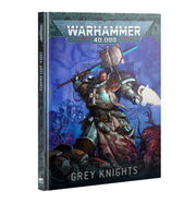 Warhammer 40,000 - Grey Knights - Codex - Warhammer 40,000 Grey Knights Codex book with armored soldier wielding a glowing weapon on blue battle scene cover.