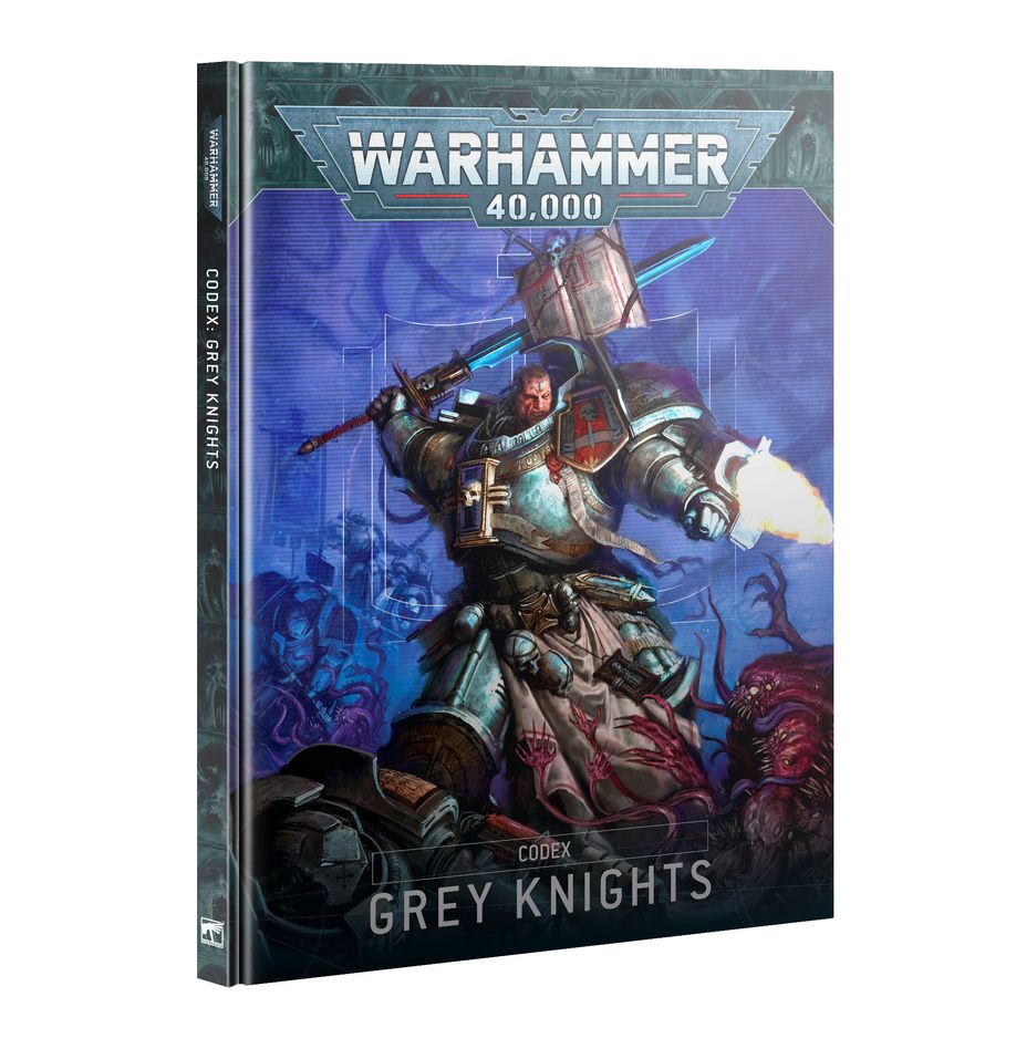 Warhammer 40,000 - Grey Knights - Codex - Warhammer 40,000 Grey Knights Codex book with armored soldier wielding a glowing weapon on blue battle scene cover.