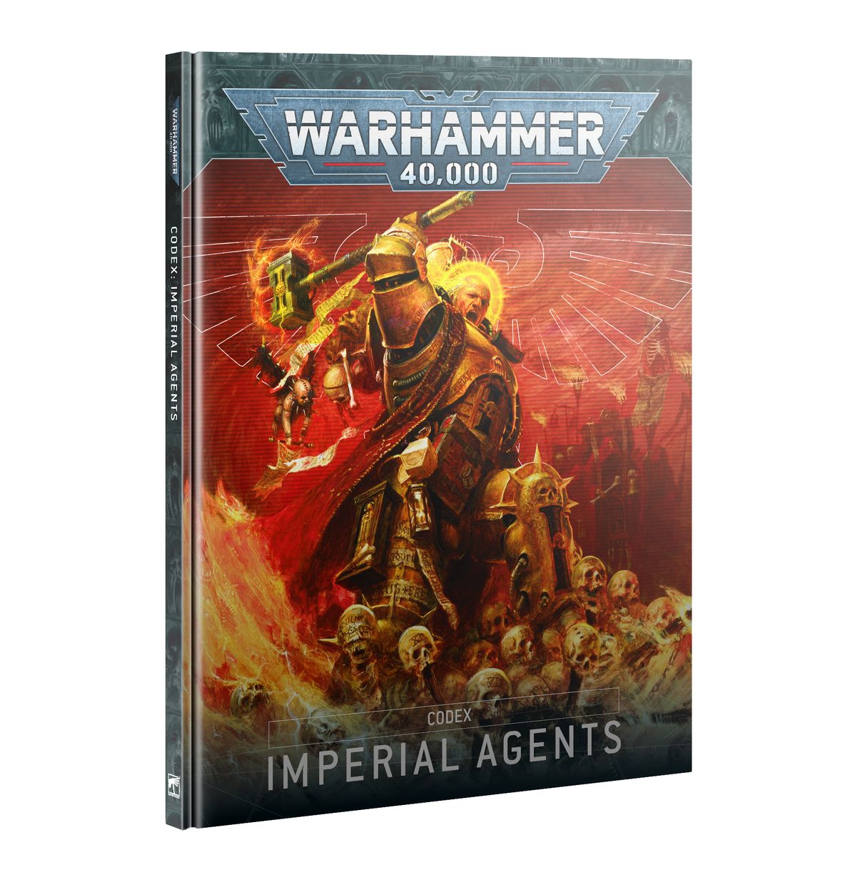 Warhammer 40,000 - Imperial Agents - Codex - Hardcover Warhammer 40,000 Codex with fiery red and orange cover art depicting a futuristic armored warrior wielding a.
