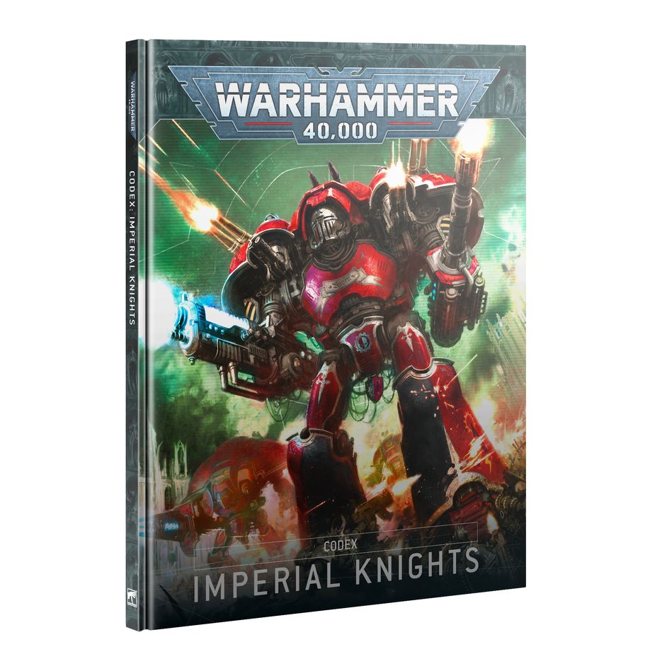 Warhammer 40,000 - Imperial Knights - Codex - Warhammer 40,000 Codex book with vibrant cover art featuring a red and black armored Imperial Knight mech firing weapons.