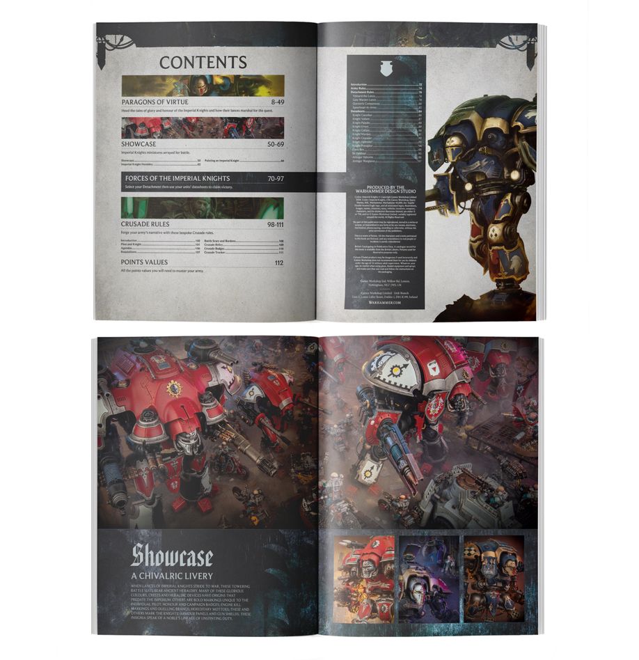 Warhammer 40,000 - Imperial Knights - Codex - Open Warhammer 40,000 Imperial Knights Codex showing detailed contents page and colorful battlefield illustrations with.