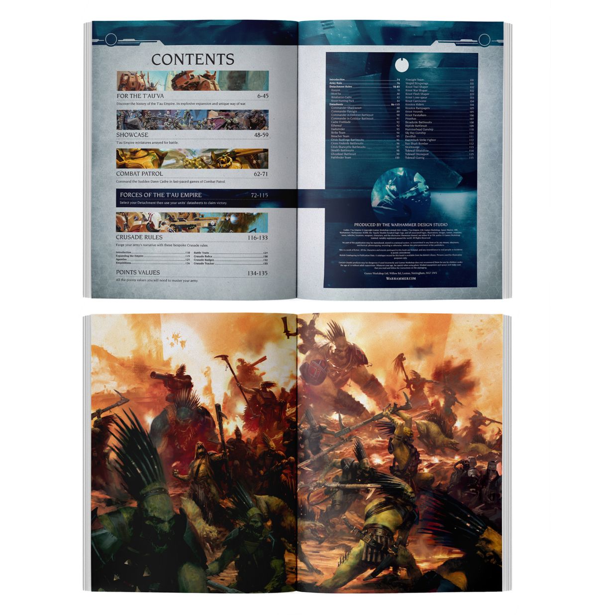 Warhammer 40,000 - T'au Empire - Codex - Open Warhammer 40,000 T'au Empire Codex showing colorful faction art and detailed contents page on glossy pages.