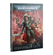 Warhammer 40,000 - Genestealer Cults - Codex - Warhammer 40,000 Codex Genestealer Cults book with armored mutant figure holding gun and claw on dark red sci-fi background.