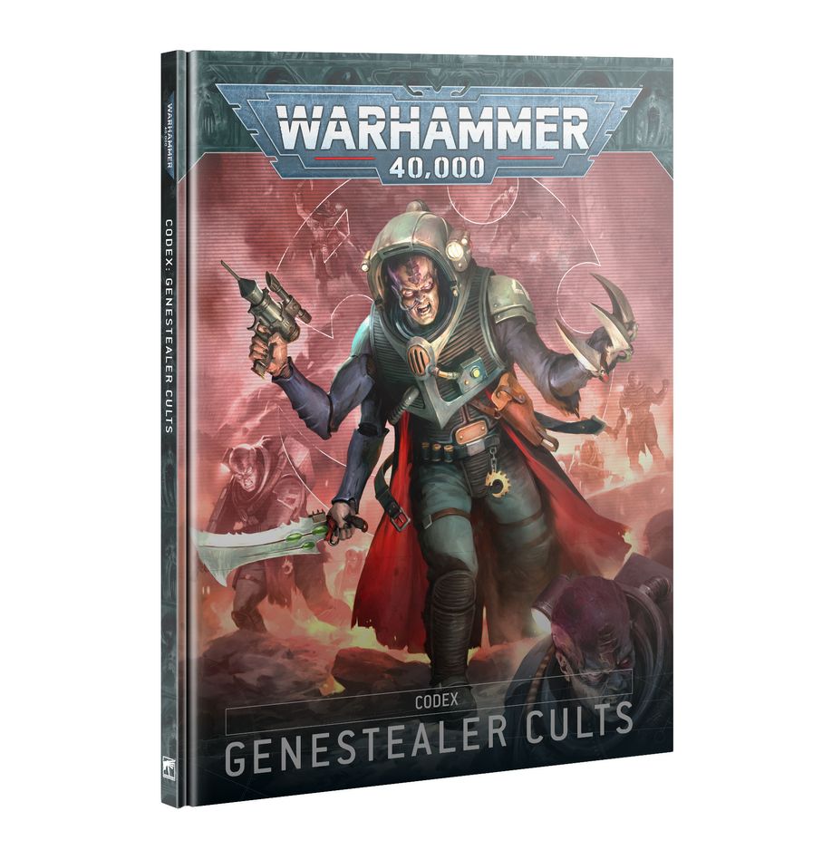 Warhammer 40,000 - Genestealer Cults - Codex - Warhammer 40,000 Codex Genestealer Cults book with armored mutant figure holding gun and claw on dark red sci-fi background.
