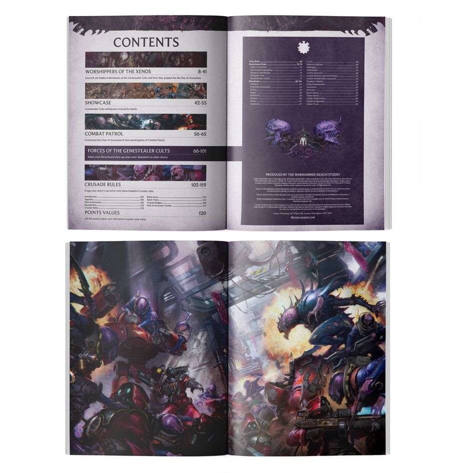 Warhammer 40,000 - Genestealer Cults - Codex - Open Warhammer 40,000 Genestealer Cults Codex showing contents page with text and two-page full-color artwork of alien.
