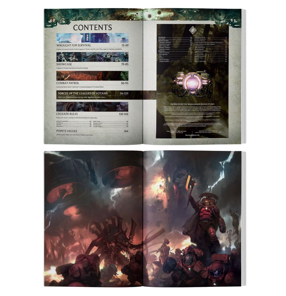 Warhammer 40,000 - Leagues of Votann - Codex - Open Warhammer 40,000 Leagues of Votann Codex with detailed contents page and dark sci-fi battle scene artwork on glossy.