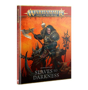 Warhammer Age of Sigmar - Slaves to Darkness - Battletome - Warhammer Age of Sigmar Battletome book with fiery orange background and armored warrior wielding axe and mace on cover.