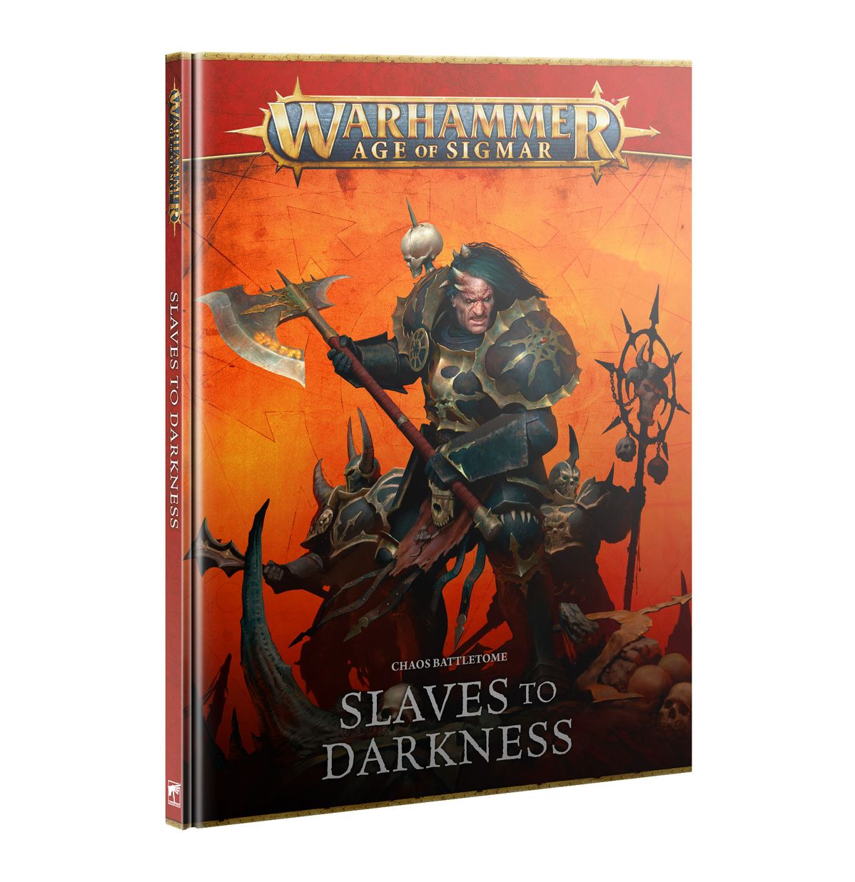 Warhammer Age of Sigmar - Slaves to Darkness - Battletome - Warhammer Age of Sigmar Battletome book with fiery orange background and armored warrior wielding axe and mace on cover.