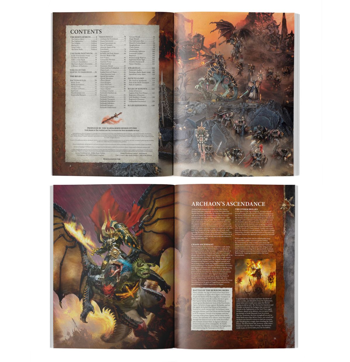 Warhammer Age of Sigmar - Slaves to Darkness - Battletome - Open fantasy rulebook with detailed contents page and colorful artwork of armored warriors and dragons on textured,.