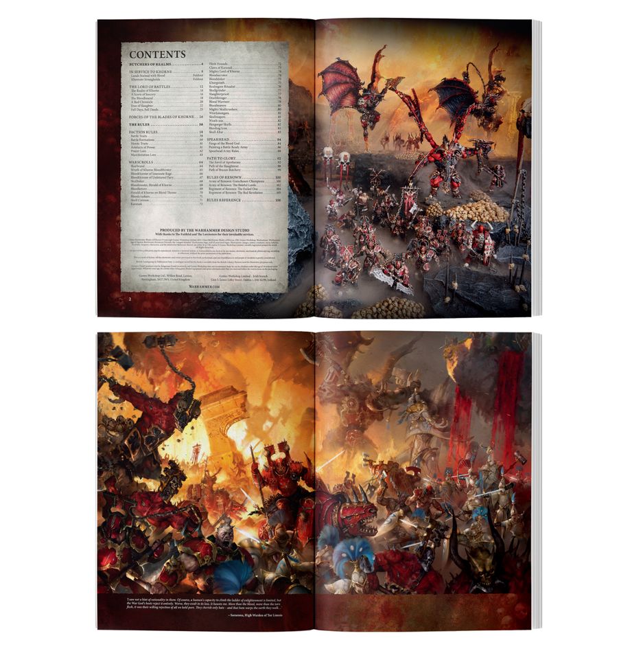 Warhammer Age of Sigmar - Blades of Khorne - Battletome - Open Battletome with detailed fantasy battle artwork featuring fiery tones, demonic and warrior figures in dynamic poses,.
