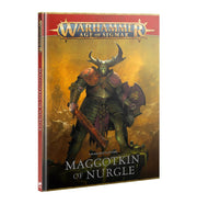 Warhammer Age of Sigmar - Maggotkin of Nurgle - Battletome - Hardcover book with dark fantasy cover art featuring a horned armored warrior holding a sword against a fiery background.