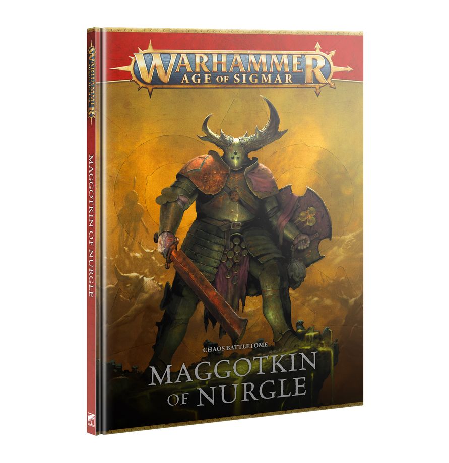 Warhammer Age of Sigmar - Maggotkin of Nurgle - Battletome - Hardcover book with dark fantasy cover art featuring a horned armored warrior holding a sword against a fiery background.