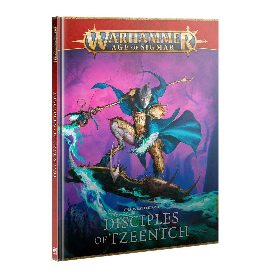 Warhammer Age of Sigmar - Disciples of Tzeentch - Order Battletome - Paperback book with striking purple and blue cover art featuring a fantastical warrior wielding fire and staff, titled.