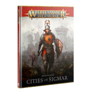 Warhammer Age of Sigmar - Cities of Sigmar - Order Battletome (PREORDER) - Warhammer Age of Sigmar Cities of Sigmar Battletome book with armored knight in orange and black against foggy cityscape.