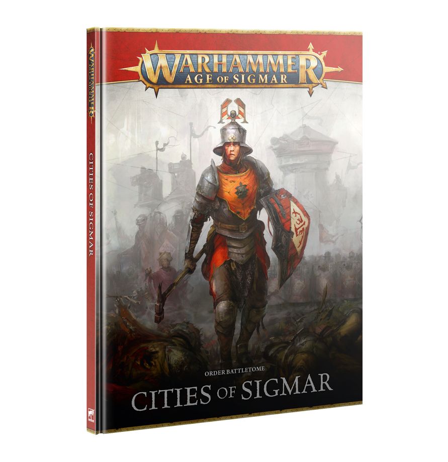 Warhammer Age of Sigmar - Cities of Sigmar - Order Battletome (PREORDER) - Warhammer Age of Sigmar Cities of Sigmar Battletome book with armored knight in orange and black against foggy cityscape.