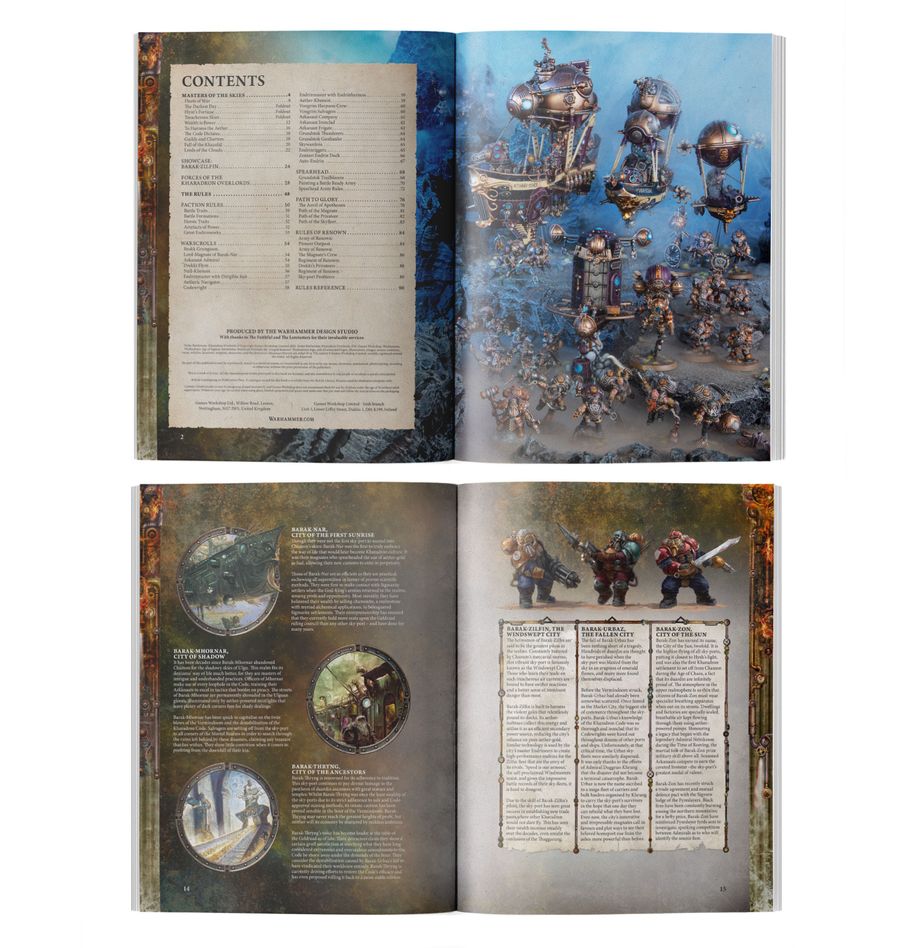 Warhammer Age of Sigmar - Kharadron Overlords - Battletome - Open Warhammer Age of Sigmar Battletome featuring detailed Kharadron Overlords illustrations and text pages with tables and.