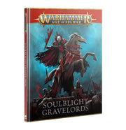 Warhammer Age of Sigmar - Soulblight Gravelords - Battletome - Hardcover battletome with dark fantasy art of a cloaked rider on a skeletal horse, surrounded by undead warriors, red and.