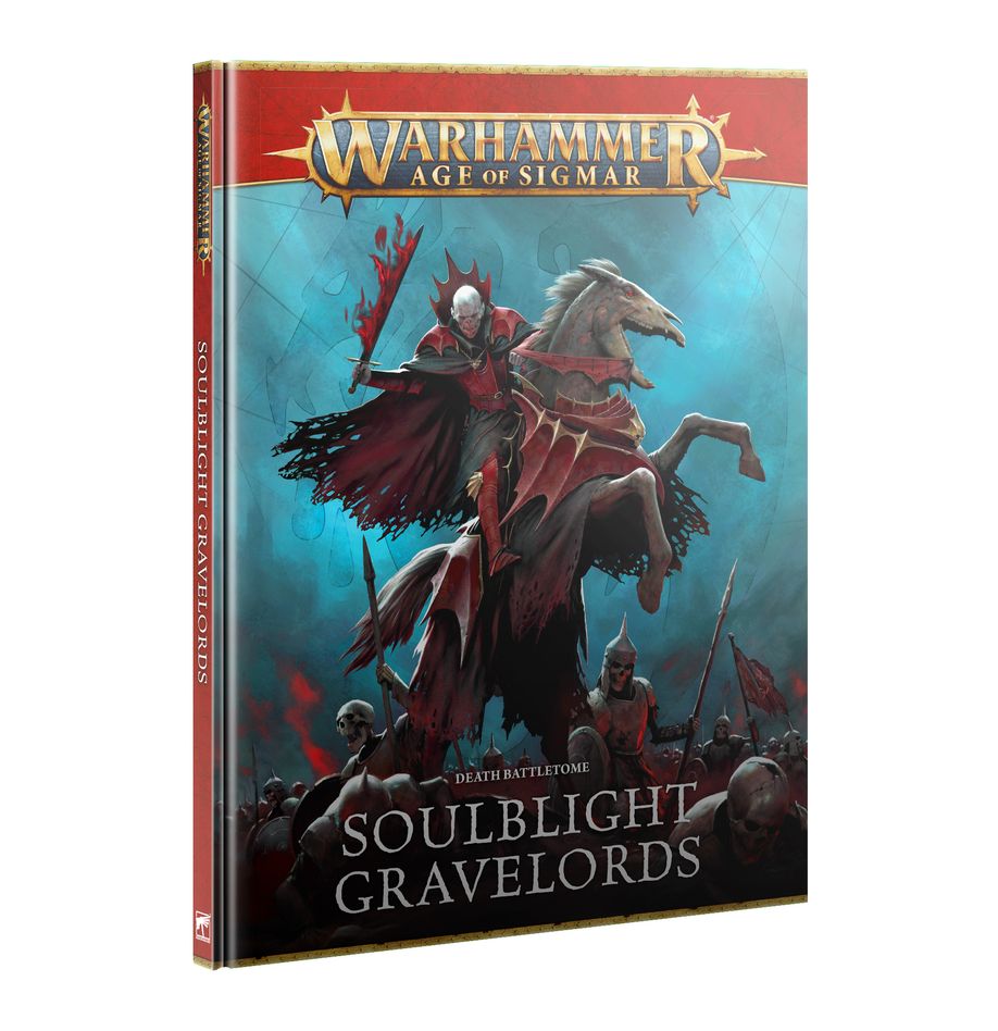 Warhammer Age of Sigmar - Soulblight Gravelords - Battletome - Hardcover battletome with dark fantasy art of a cloaked rider on a skeletal horse, surrounded by undead warriors, red and.