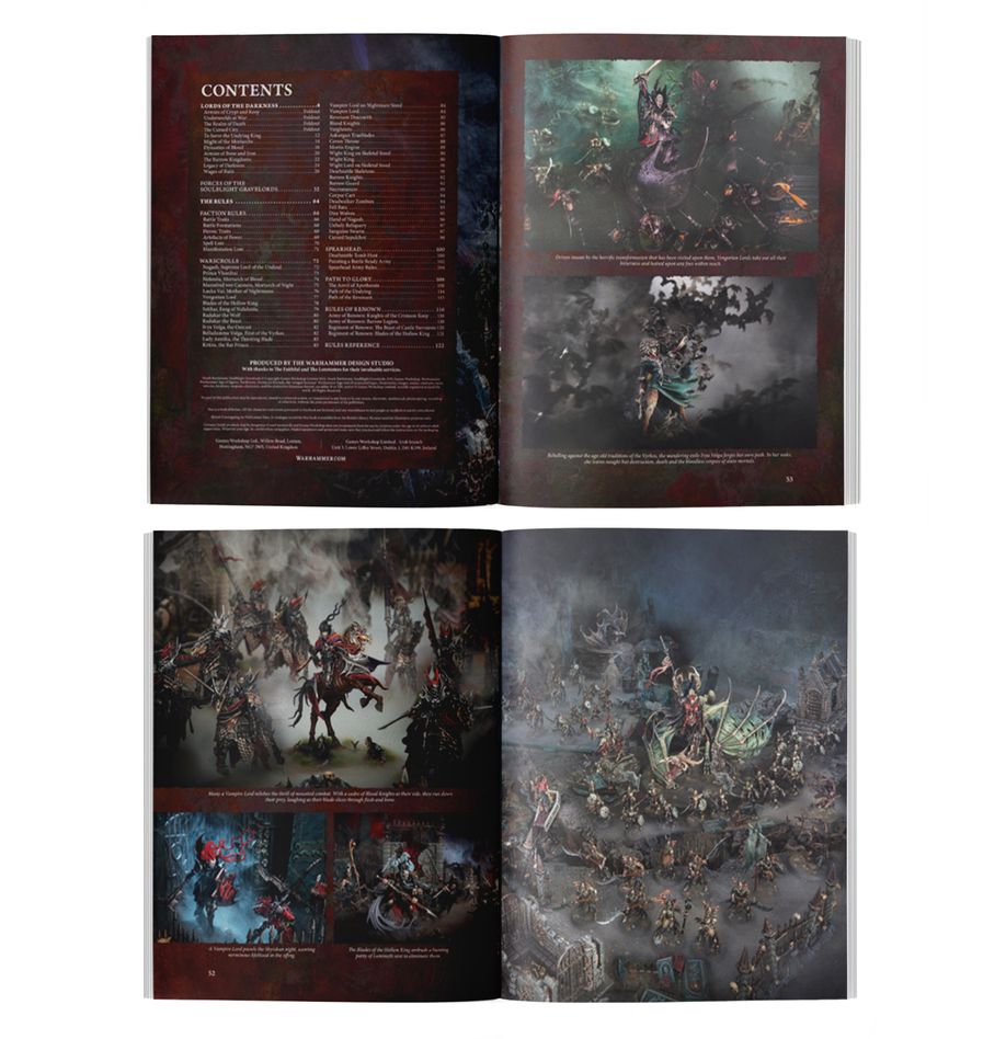 Warhammer Age of Sigmar - Soulblight Gravelords - Battletome - Open Battletome displaying dark-themed, detailed Warhammer Age of Sigmar artwork and dense text pages with eerie, foggy.