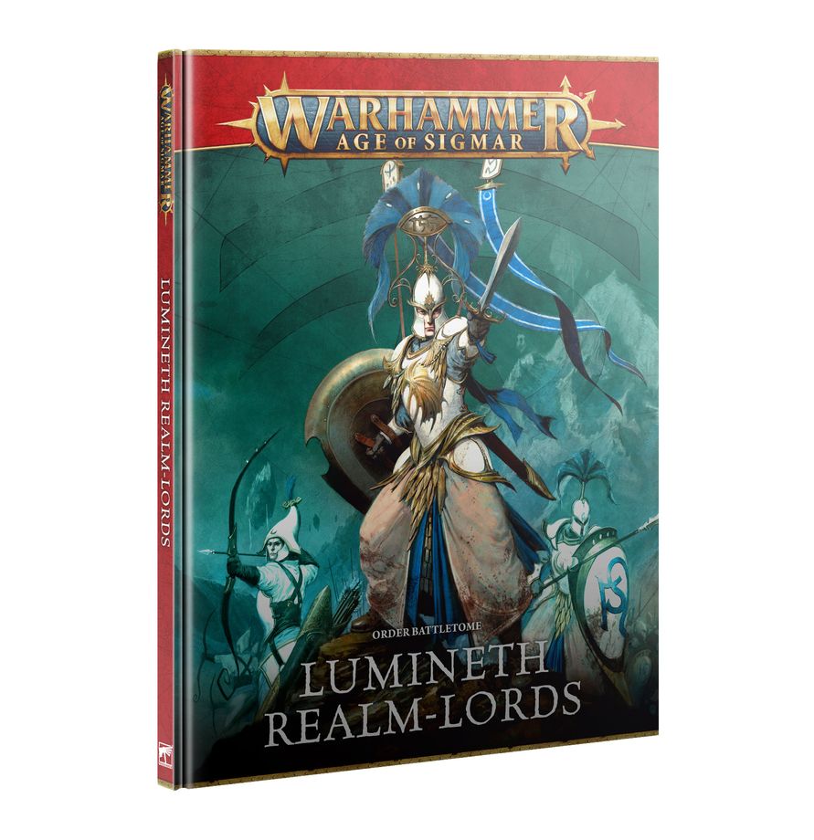 Warhammer Age of Sigmar - Lumineth Realm-lords - Order Battletome - Hardcover book with dark teal and red cover featuring armored fantasy warriors holding weapons and banners, titled.