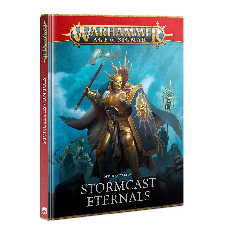 Warhammer Age of Sigmar - Stormcast Eternals - Battletome - Hardcover book titled "Warhammer Age of Sigmar - Stormcast Eternals Battletome" with a red spine and cover artwork of a gold
