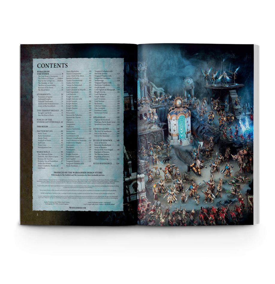 Warhammer Age of Sigmar - Stormcast Eternals - Battletome - Open battletome book with a detailed contents page on the left and a vibrant full-color illustration of Stormcast Eternals.