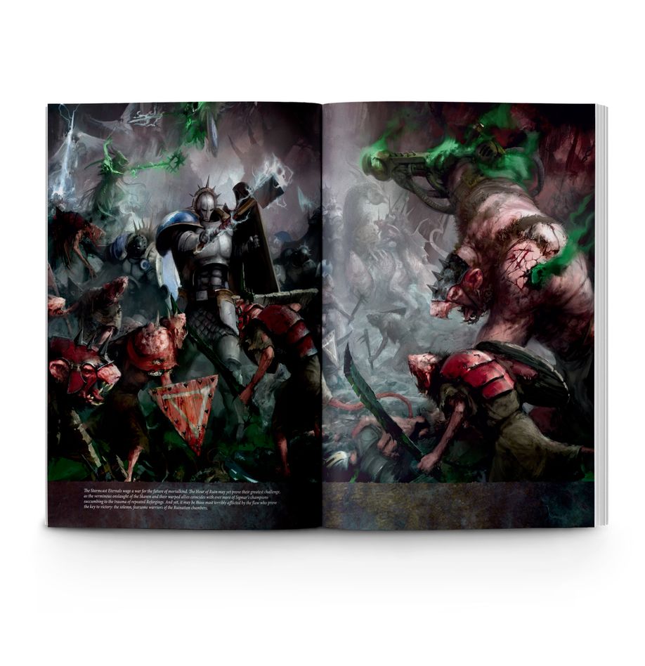 Warhammer Age of Sigmar - Stormcast Eternals - Battletome - Open fantasy book with vibrant Warhammer Age of Sigmar artwork showing armored warriors and monstrous creatures in battle.
