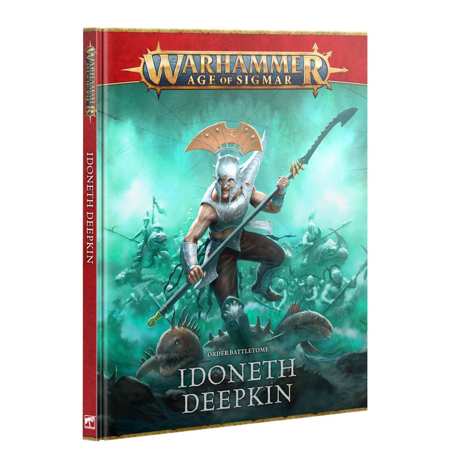 Warhammer Age of Sigmar - Idoneth Deepkin - Battletome - Warhammer Age of Sigmar Battletome with teal and red cover featuring armored warrior holding a long spear in underwater.