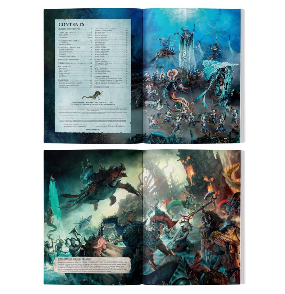 Warhammer Age of Sigmar - Idoneth Deepkin - Battletome - Open Battletome showing colorful, detailed fantasy artwork with underwater warriors and sea creatures, and contents page.