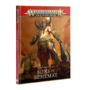 Warhammer Age of Sigmar - Sons of Behemat - Destruction Battletome (PREORDER) - Hardcover Warhammer Age of Sigmar Sons of Behemat Battletome with warrior artwork on orange-red cover.