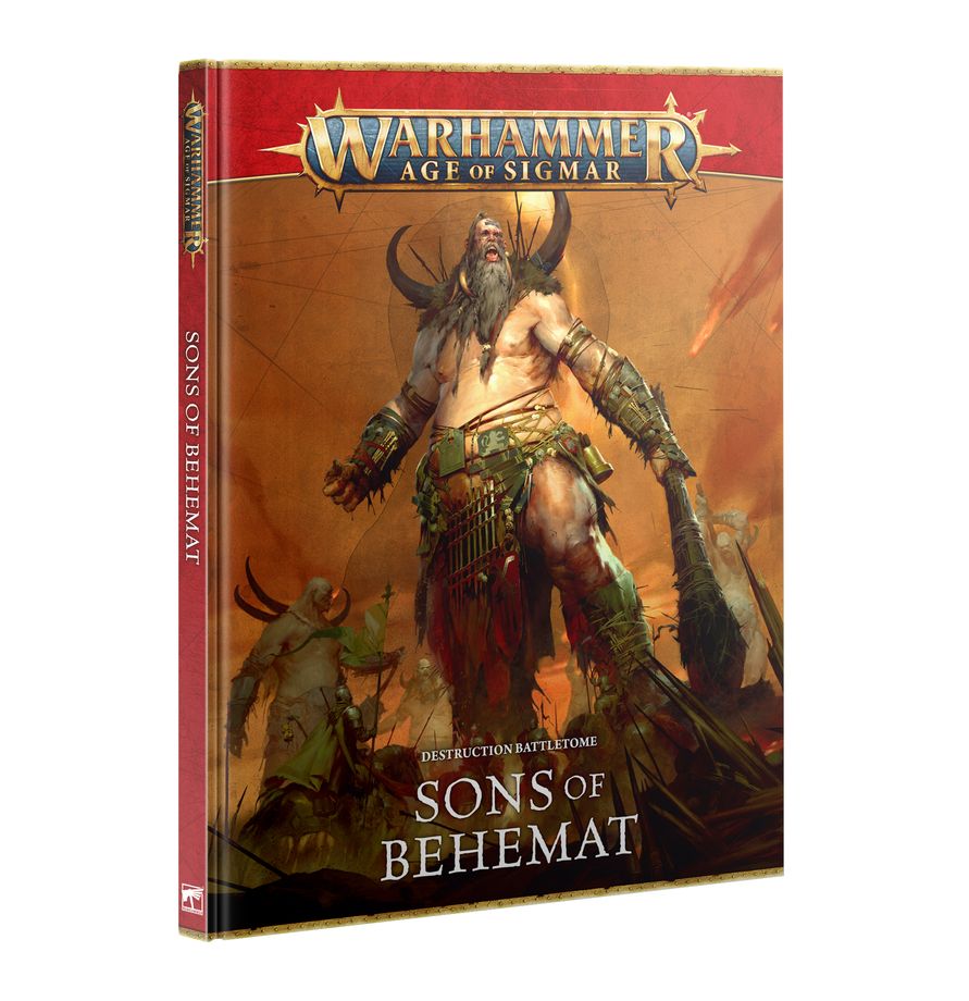 Warhammer Age of Sigmar - Sons of Behemat - Destruction Battletome (PREORDER) - Hardcover Warhammer Age of Sigmar Sons of Behemat Battletome with warrior artwork on orange-red cover.