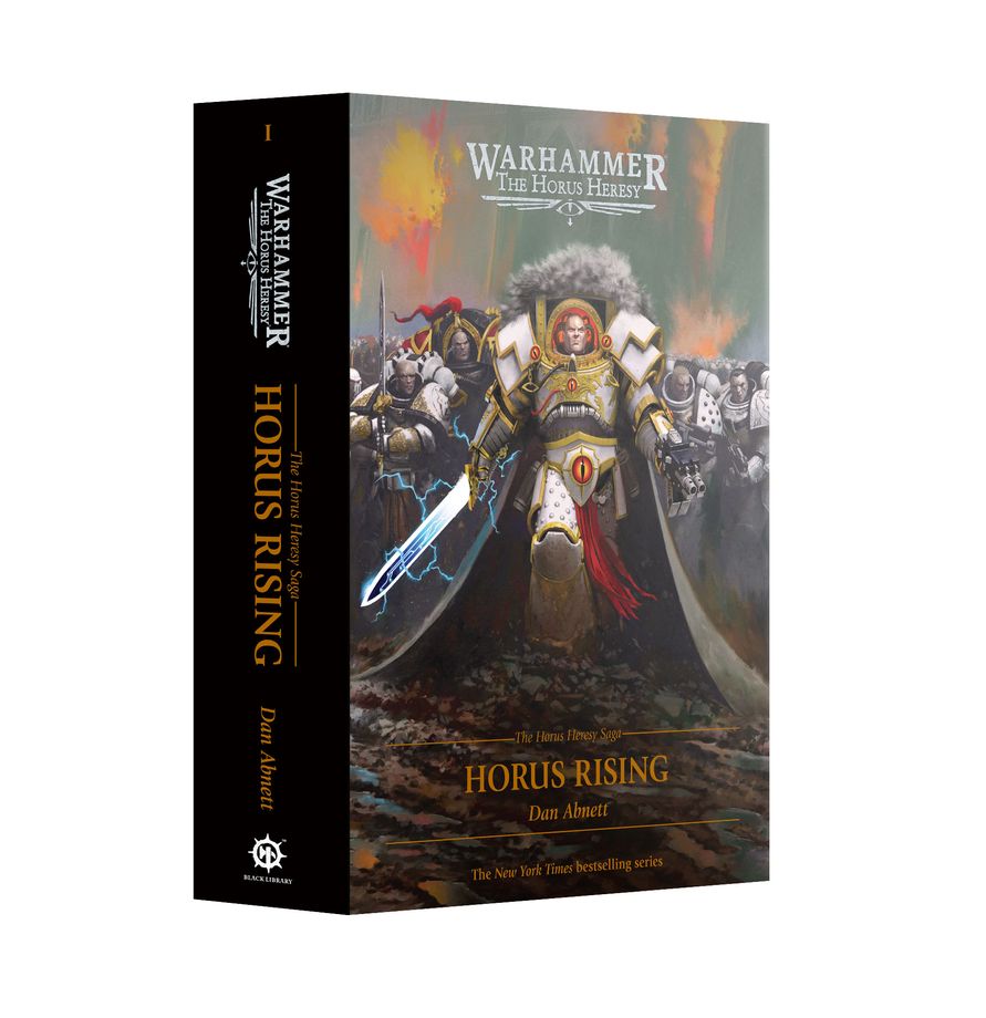 Horus Rising (Hardback) (PREORDER) - Hardback Warhammer book Horus Rising with dark cover art featuring armored warrior wielding glowing sword.