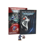 Getting Started with Warhammer 40,000 - Two Warhammer 40,000 books with sci-fi art covers, one red and one blue, plus three painted warrior miniatures in front.
