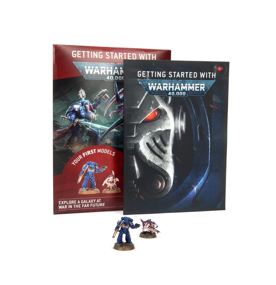 Getting Started with Warhammer 40,000 - Two Warhammer 40,000 books with sci-fi art covers, one red and one blue, plus three painted warrior miniatures in front.