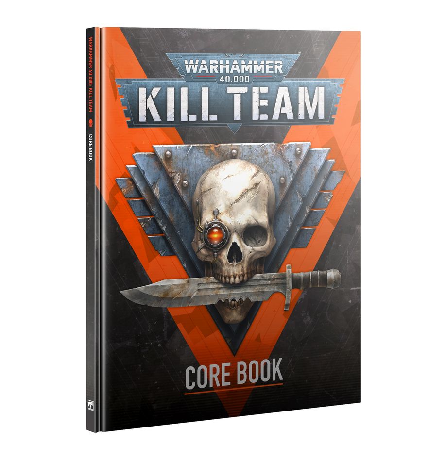 Warhamer 40,000 - Kill Team - Core Book - Warhammer 40,000 Kill Team Core Book with black and orange cover featuring a skull with a red cybernetic eye and a knife.