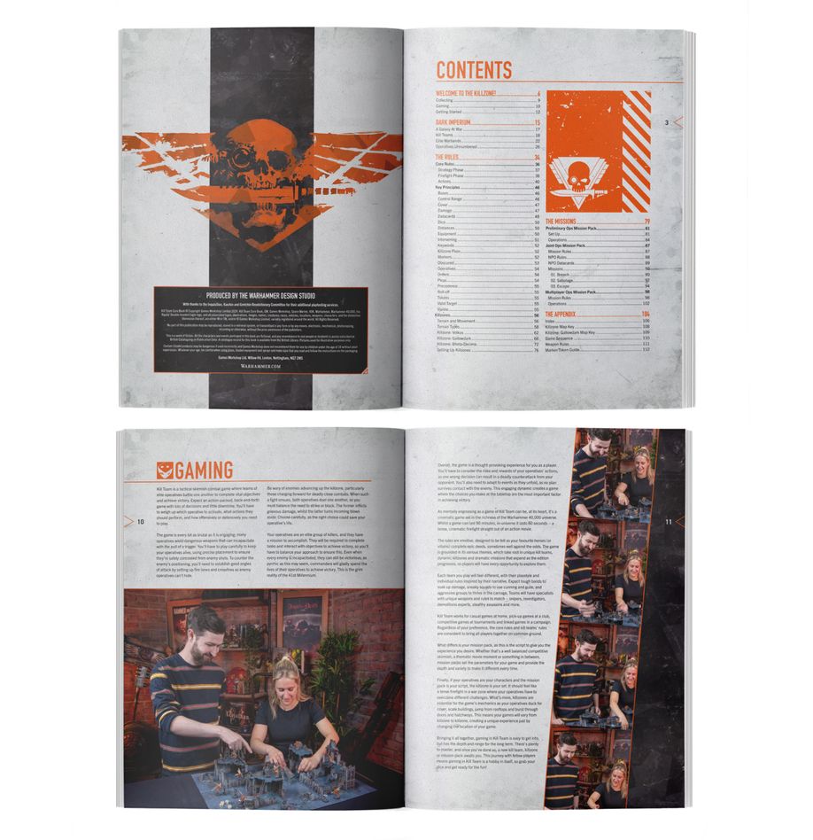 Warhamer 40,000 - Kill Team - Core Book - Open Warhammer 40,000 Kill Team Core Book showing contents and gaming sections with text and images of people playing.