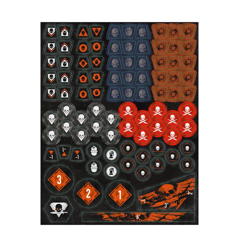 Warhamer 40,000 - Kill Team - Core Book - Sheet of black, red, and orange Warhammer 40,000 Kill Team game tokens with skulls, numbers, and icons.