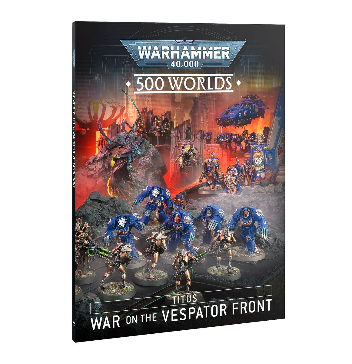 Warhammer 40,000 - 500 Worlds - Titus: The Battle for Unity Begins - Warhammer 40,000 500 Worlds book cover featuring blue-armored Space Marines and fiery battle scene with red and dark tones.